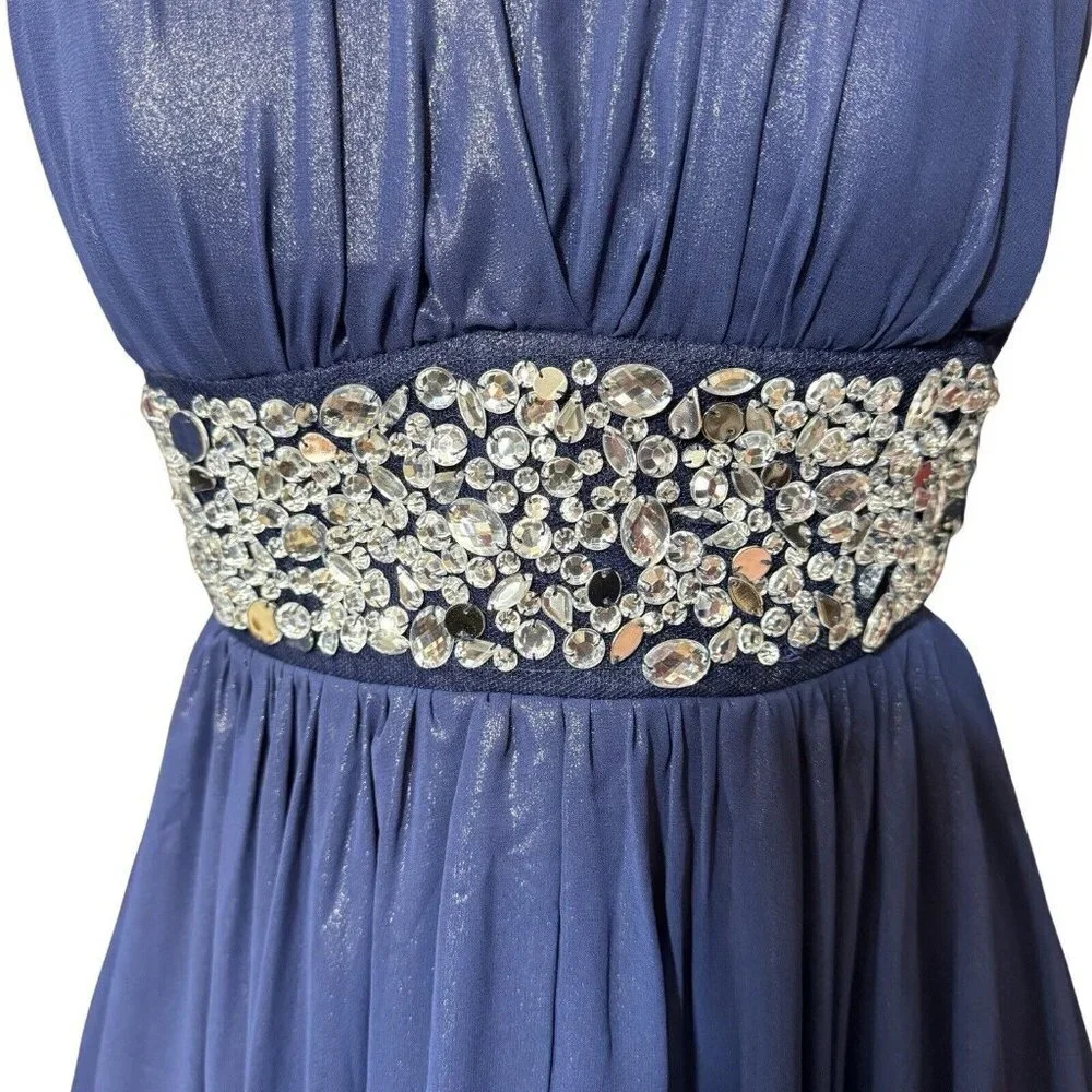 JODI KRISTOPHER Blue Rhinestone Halter Dress Juniors Size 3 Prom Cocktail Party‎ - Picture 4 of 11